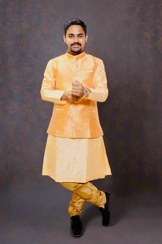 Mens Beige Color Jacquard Kurta Pajama with Peach Color Jacket Suit_Main