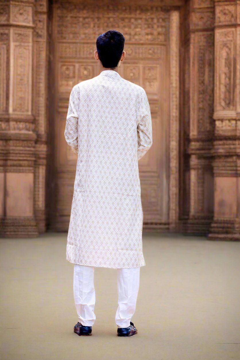 Mens_Beige_Color_Printed_Embroidery_Sequence_Work_Kurta_Pajama_Set_Back