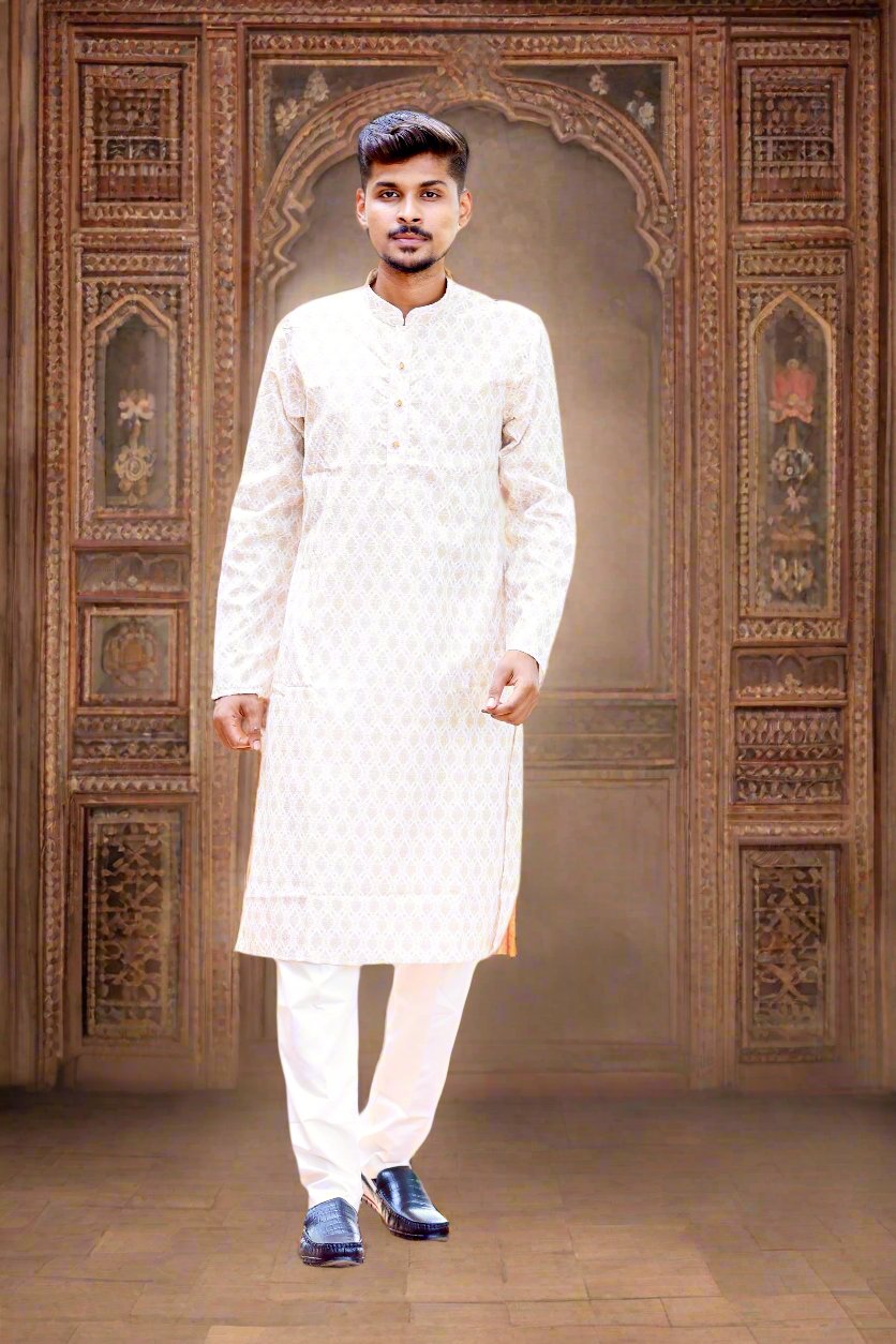 Mens_Beige_Color_Printed_Embroidery_Sequence_Work_Kurta_Pajama_Set_Main