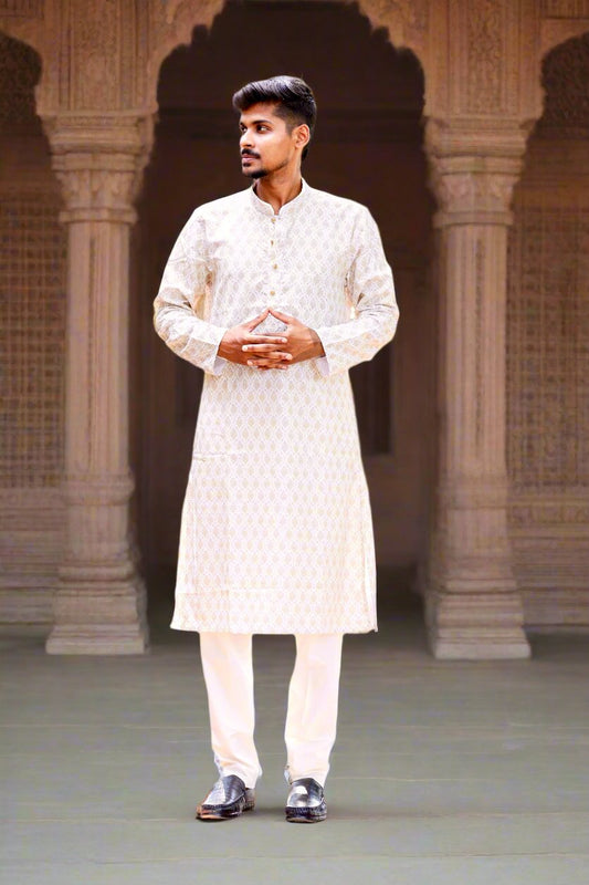 Mens Beige Color Printed Embroidery & Sequence Work Kurta Pajama Set_Side