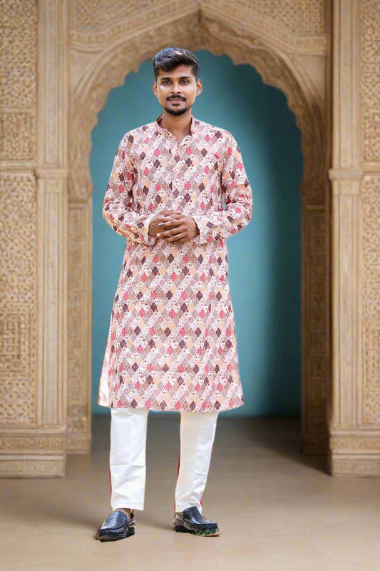 Mens Brown Color with Digital print Embroidery & Sequence Work Kurta Pajama Set_Main