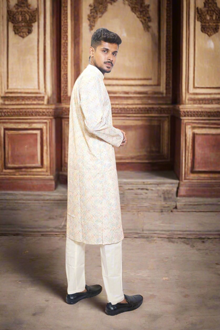 Mens_Cream_Color_multi_color_Self_Design_Embroidery_Sequence_Work_kurta_Pajama_Set_Back