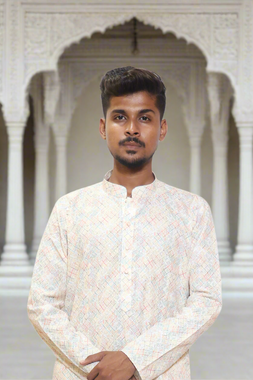 Mens_Cream_Color_multi_color_Self_Design_Embroidery_Sequence_Work_kurta_Pajama_Set_Close up