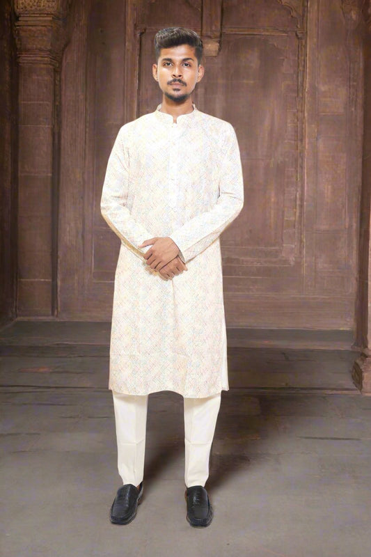 Mens Cream Color multi color Self Design Embroidery & Sequence Work kurta Pajama Set_Main