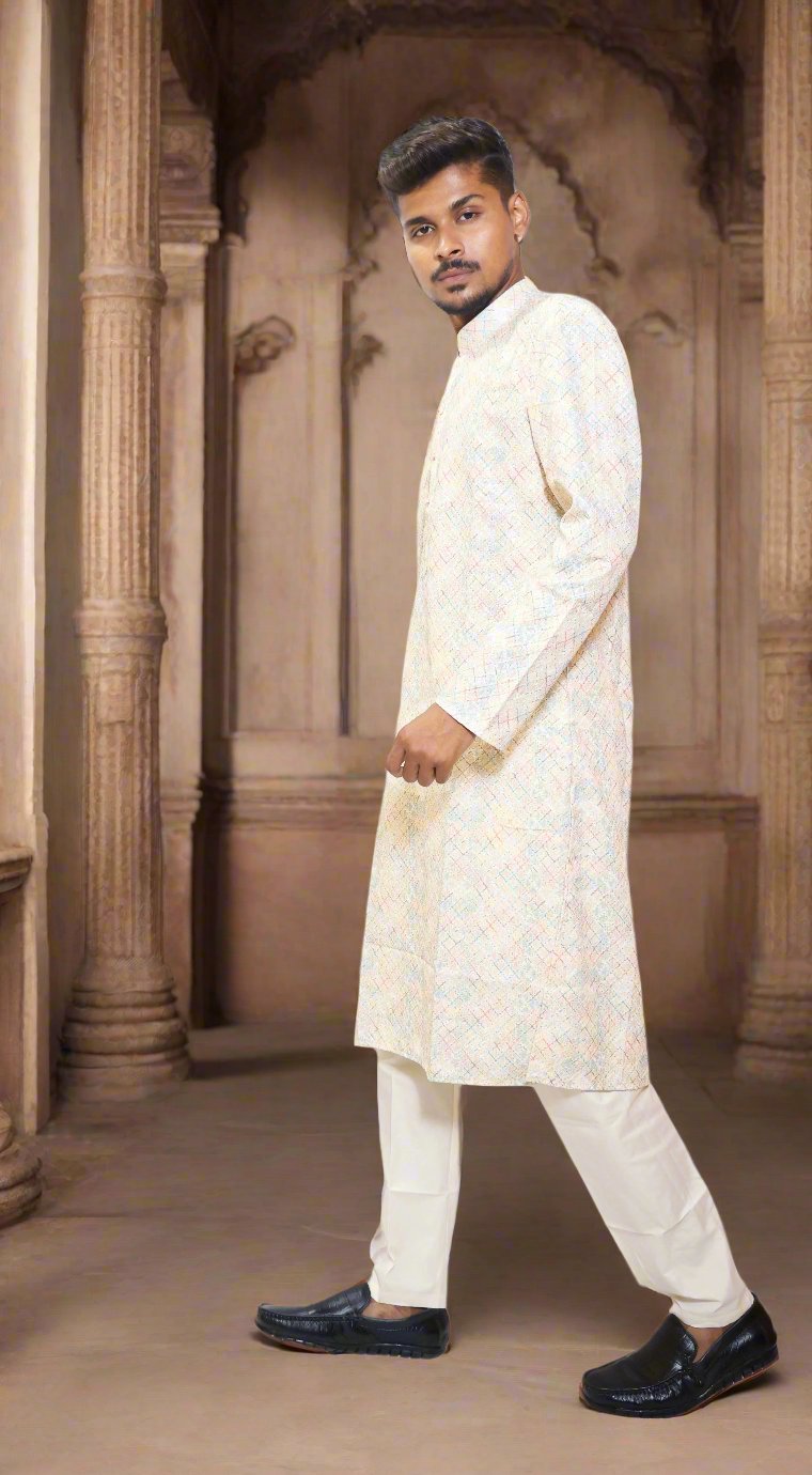 Mens_Cream_Color_multi_color_Self_Design_Embroidery_Sequence_Work_kurta_Pajama_Set_Side