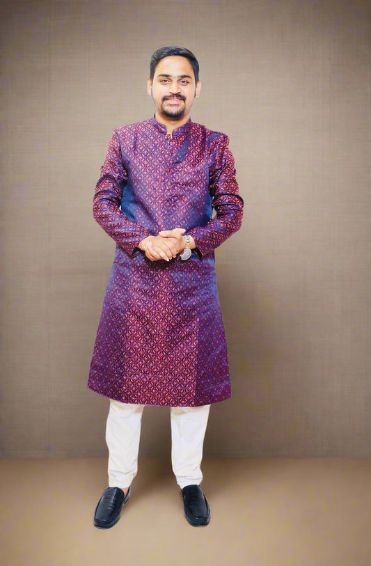 Mens Maroon Color Jacquard Jari Weaving Kurta Pajama Set_Main