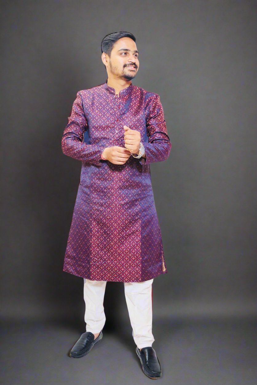 Mens_Maroon_Color_Jacquard_Jari_Weaving_Kurta_Pajama_Set_Side