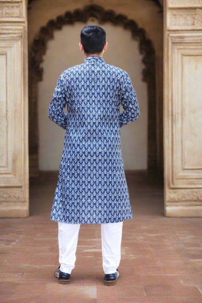 Mens_Navy_Blue_Embroidery_Sequence_Work_Kurta_with_White_Pajama_Set_Back