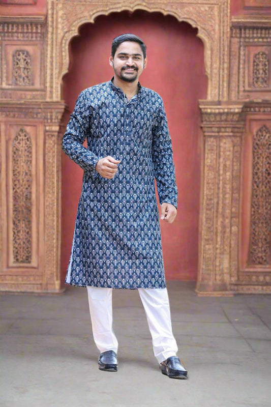 Mens Navy Blue Embroidery & Sequence Work Kurta with White Pajama Set_Side