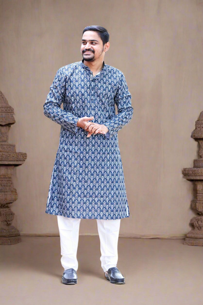 Mens Navy Blue Embroidery & Sequence Work Kurta with White Pajama Set_Side2