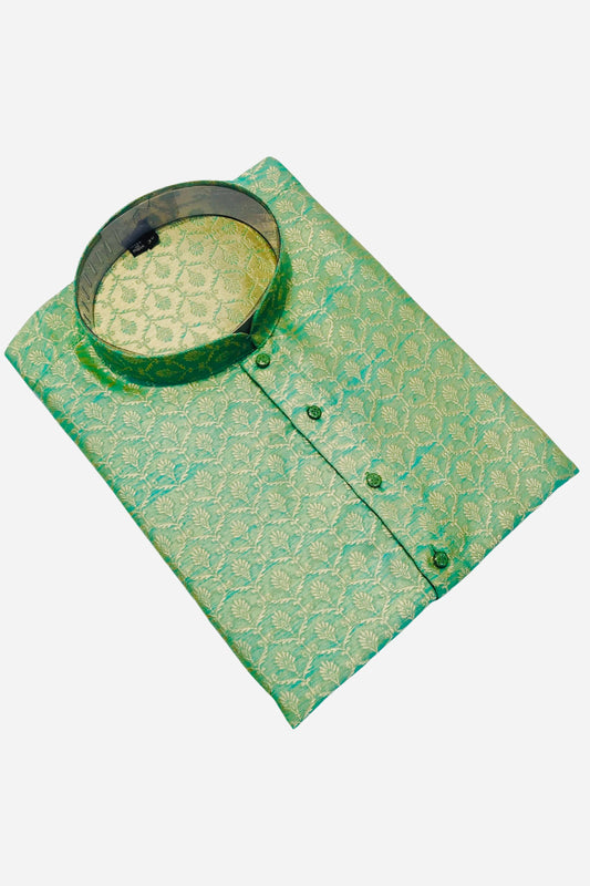 Mens Sea Green Color Jacquard Kurta Pajama Set