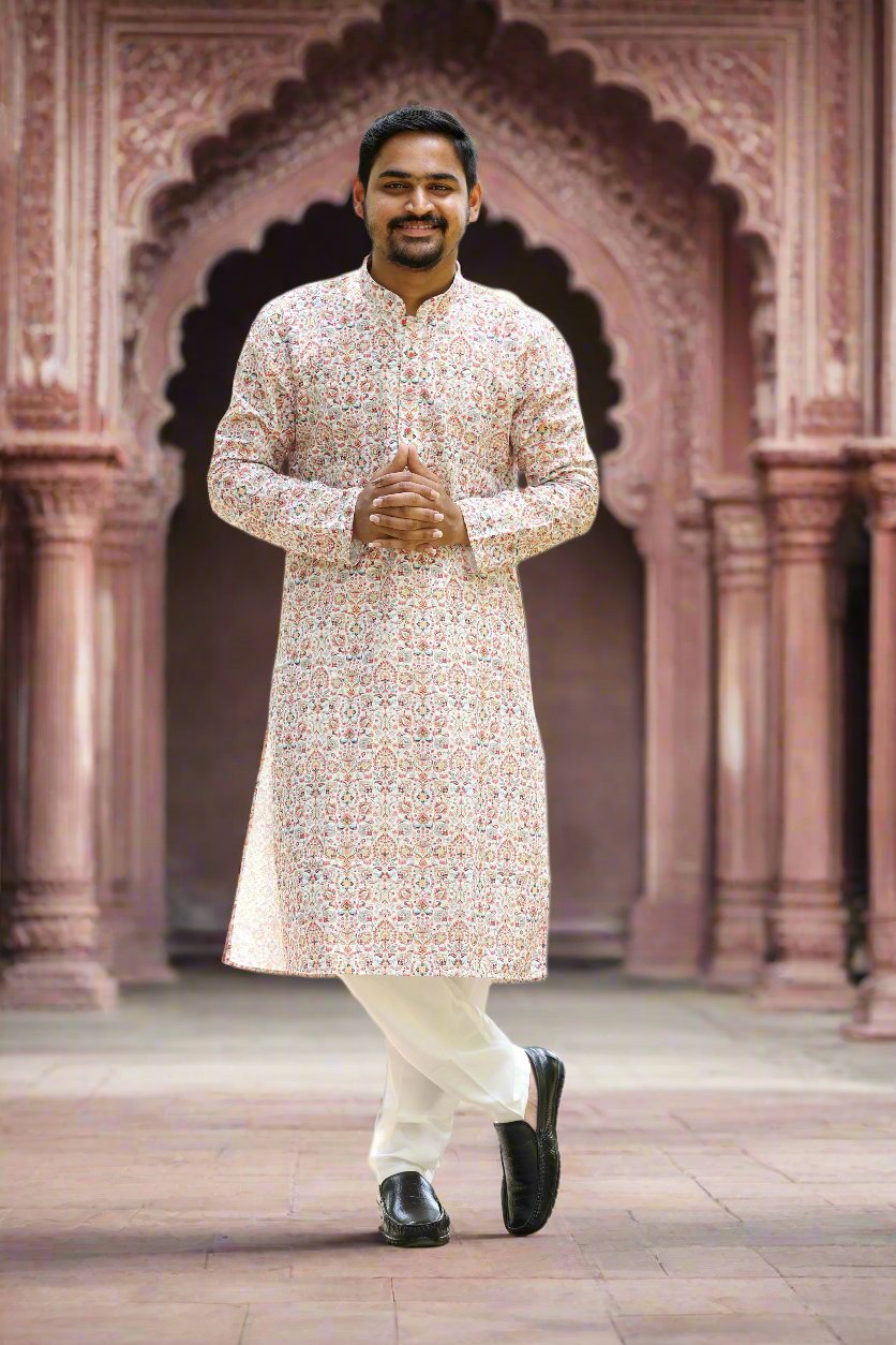 Mens_White_Multicolor_Digital_Print_Embroidery_Sequence_Work_Kurta_Pajama_Set_Front