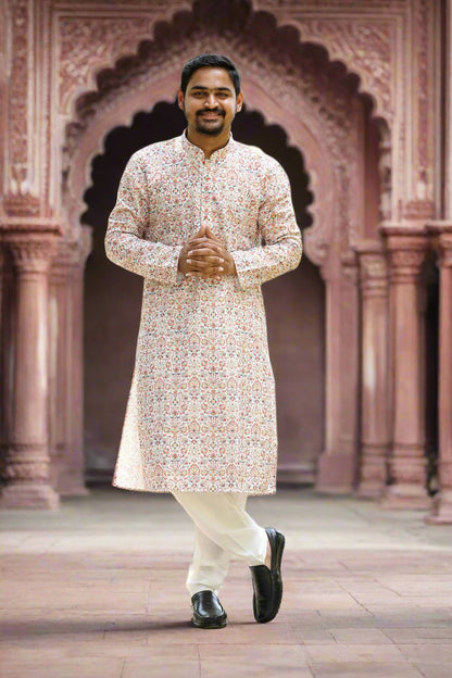 Mens_White_Multicolor_Digital_Print_Embroidery_Sequence_Work_Kurta_Pajama_Set_Front