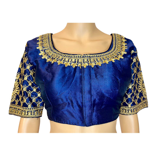 Navy Blue Color Trendy Women's Jacquard Embroidered Readymade Blouse, Designer Blouse, Crop Top, Tunic Top, Fancy Blouse, Bridal Blouse, Party Wear Blouse, Padded Blouse, Choli Blouse, Wedding Blouse