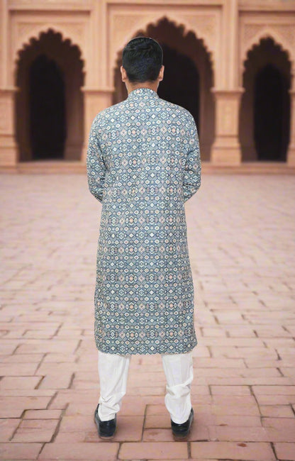 Navy Blue Mens Self Design Kurta Pajama Set_Back