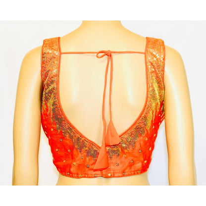 Orange Color Milan Silk Sequence Work Readymade Blouse, Designer Blouse, Crop Top, Tunic Top, Fancy Blouse, Party Wear Blouse, Wedding Blouse