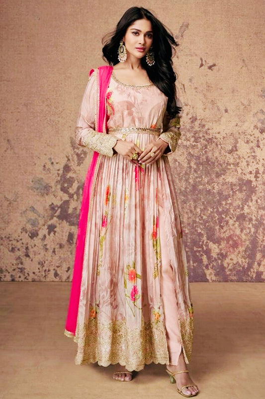 Light Pink Floral Anarkali Gown with Net Dupatta – Elegant Georgette Design with Embroidered Detailing