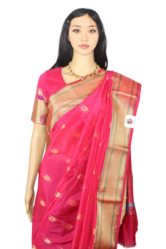 Elegant Semi Paithani Pink Silk Saree with Traditional Zari Paithani Border & Matching Blouse Piece (Unstitched) - Perfect for Festivals & Special Occasions