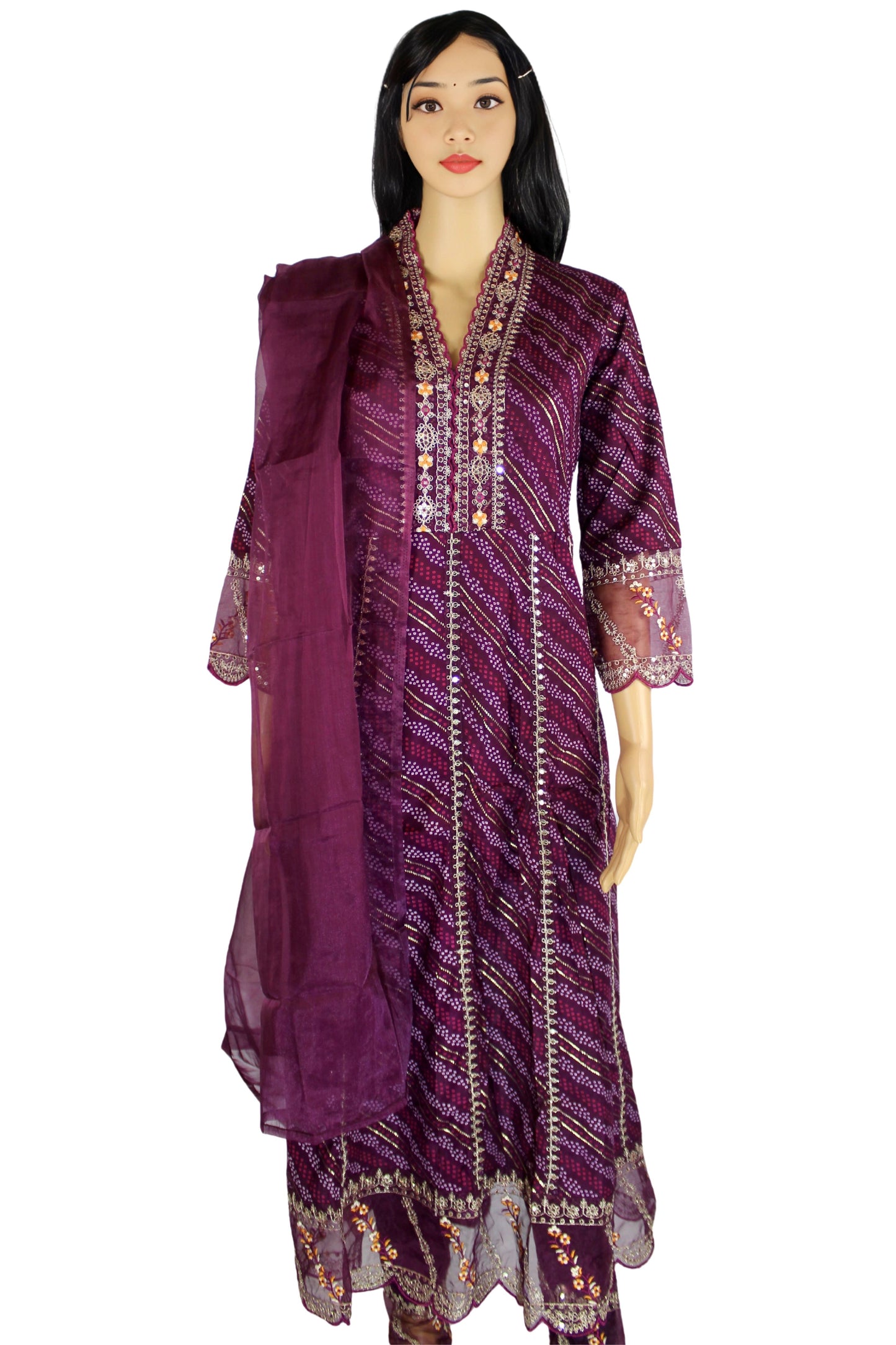 Stunning purple bandhani print Kurta with ankle length pant and dupatta 3 pc set , perfect blend of tradition and style