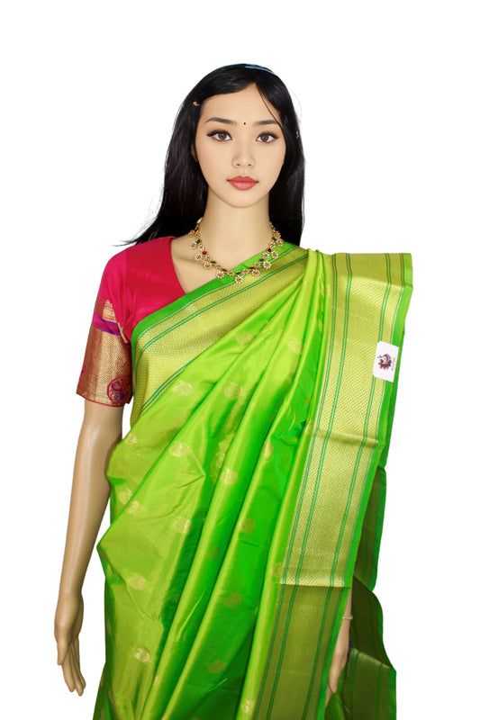 Elegant Semi Paithani Parrot Green Silk Saree with Traditional Zari Paithani Border & Matching Blouse Piece (Unstitched) - Perfect for Festivals & Special Occasions