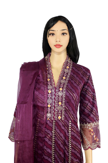 Stunning purple bandhani print Kurta with ankle length pant and dupatta 3 pc set , perfect blend of tradition and style