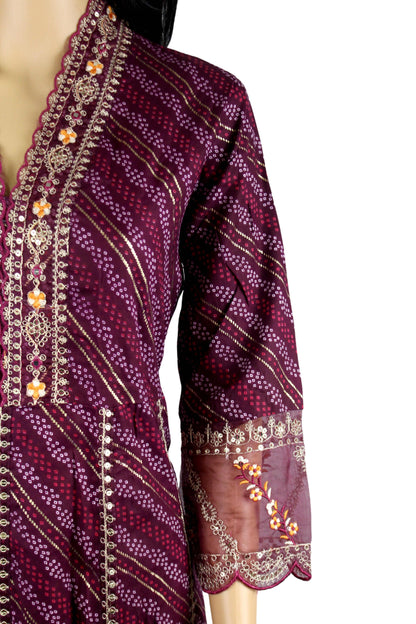 Stunning purple bandhani print Kurta with ankle length pant and dupatta 3 pc set , perfect blend of tradition and style