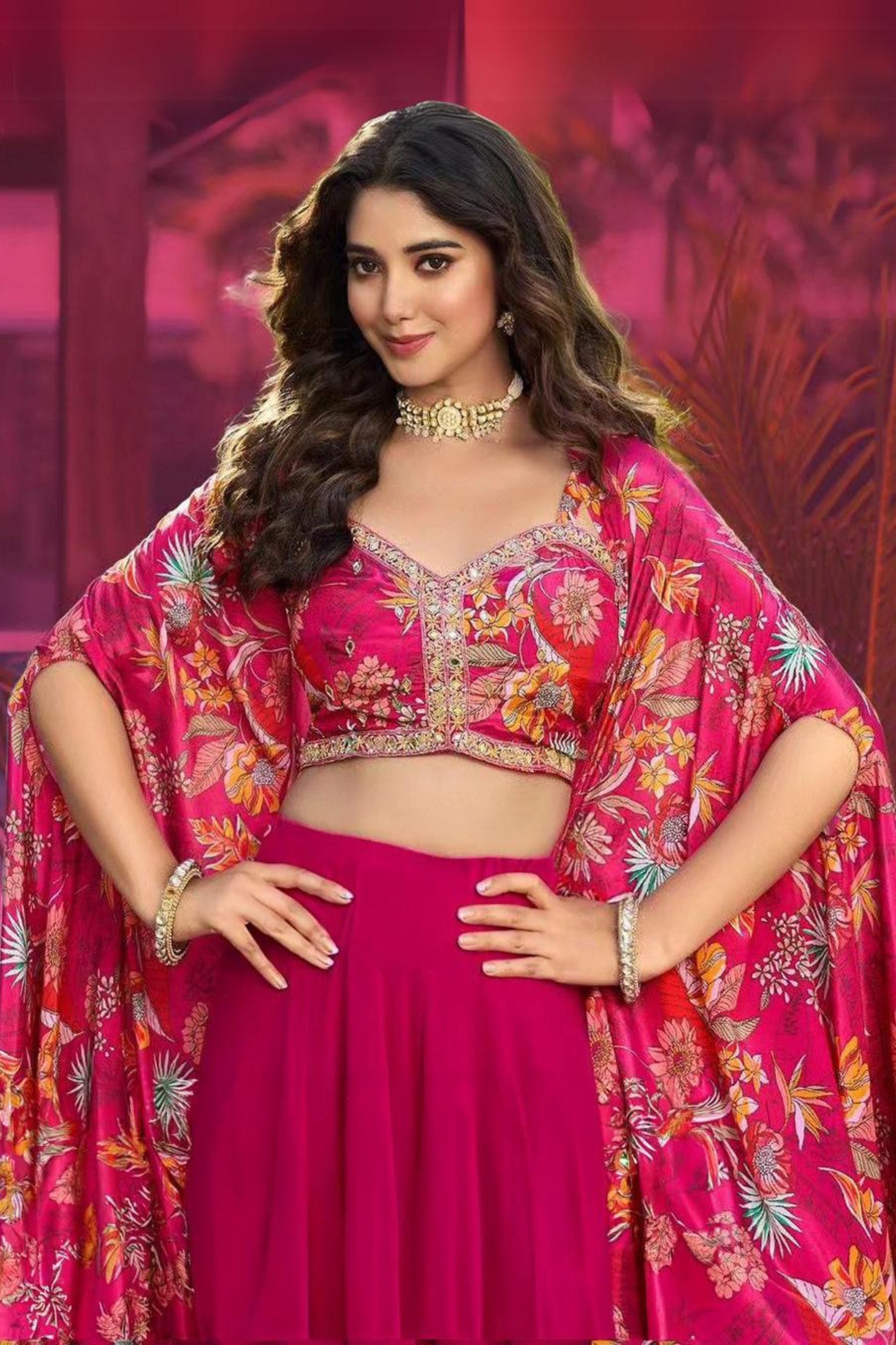 Women's Pink Floral Designer Crop Top, Palazzo Pants, and Shrug