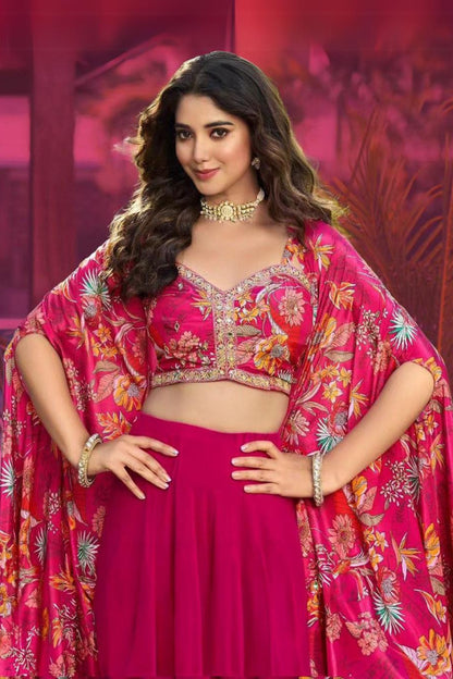 Party Wear Plazo With Long Shrug Women's Pink Floral Designer Crop