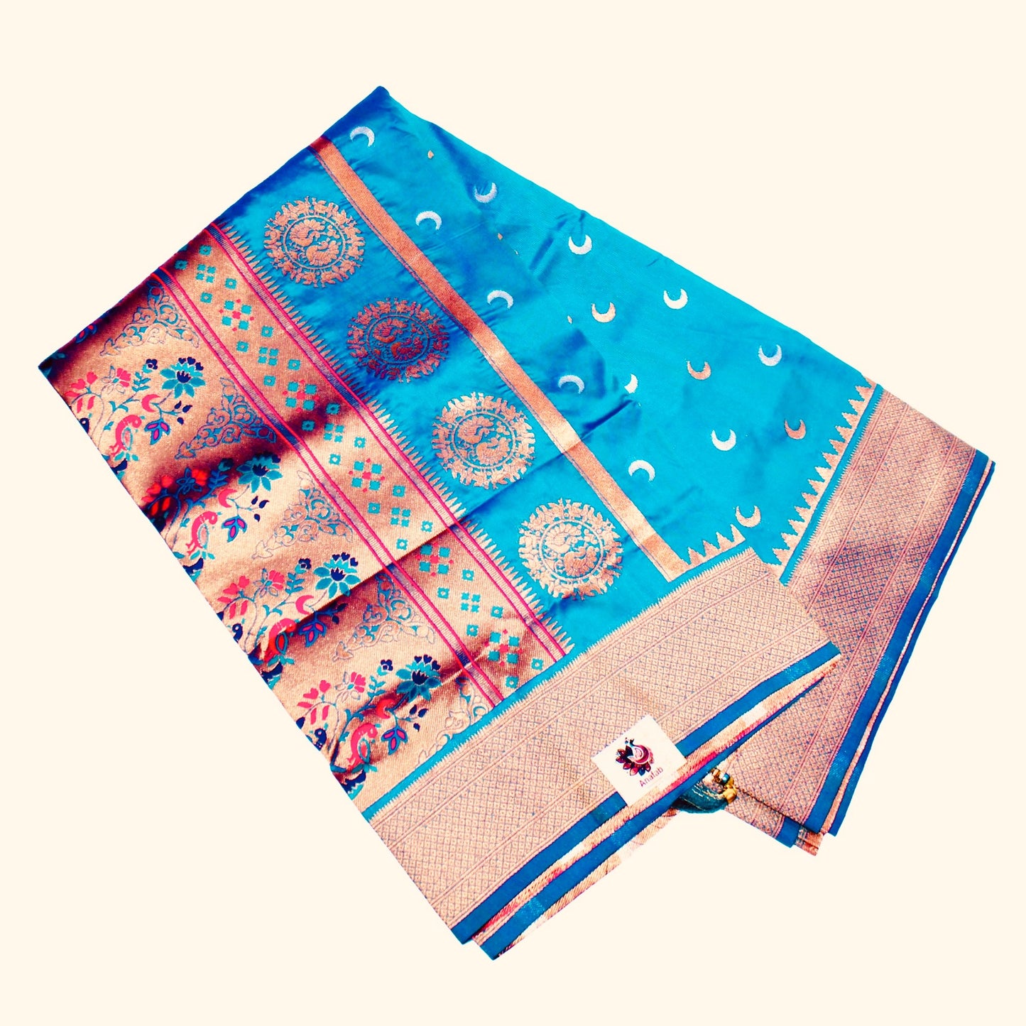 Peacock Blue color Chandrakor Semi Paithani Saree with Copper Zari Border and Rich Pallu