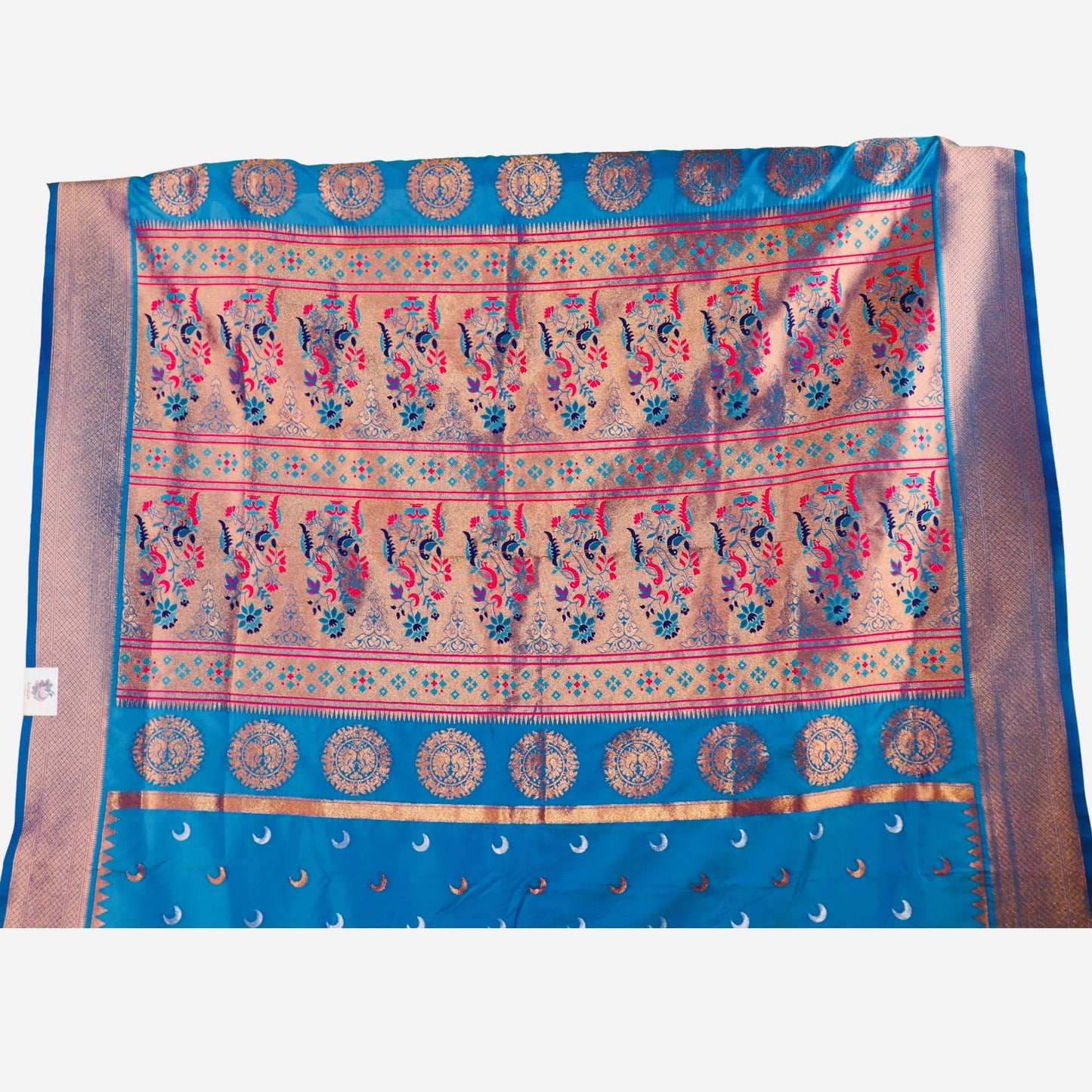 Peacock Blue color Chandrakor Semi Paithani Saree with Copper Zari Border and Rich Pallu