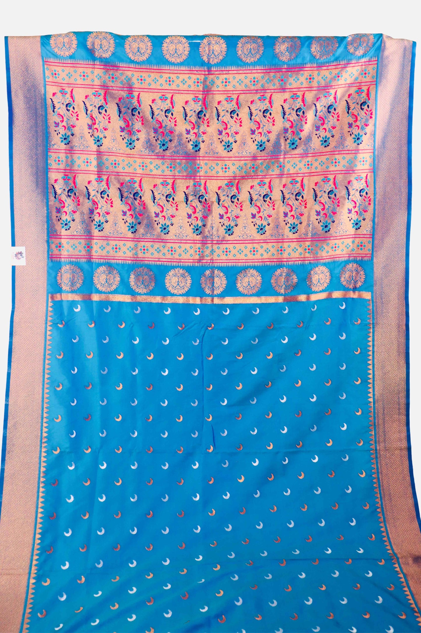 Peacock Blue color Chandrakor Semi Paithani Saree with Copper Zari Border and Rich Pallu