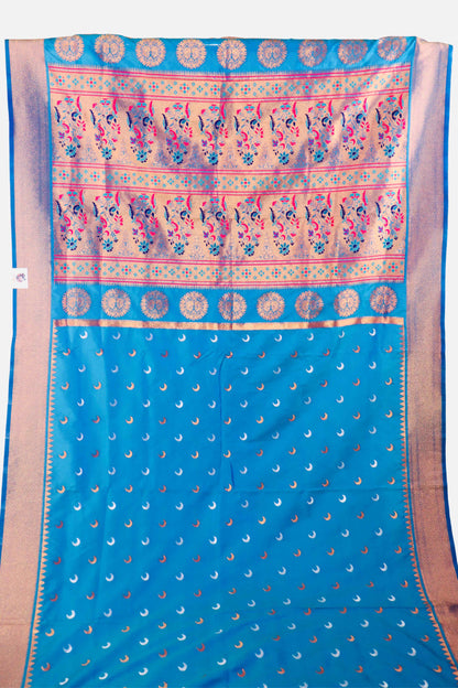 Peacock Blue color Chandrakor Semi Paithani Saree with Copper Zari Border and Rich Pallu