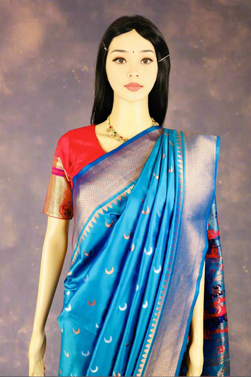 Peacock Blue color Chandrakor Semi Paithani Saree with Copper Zari Border and Rich Pallu