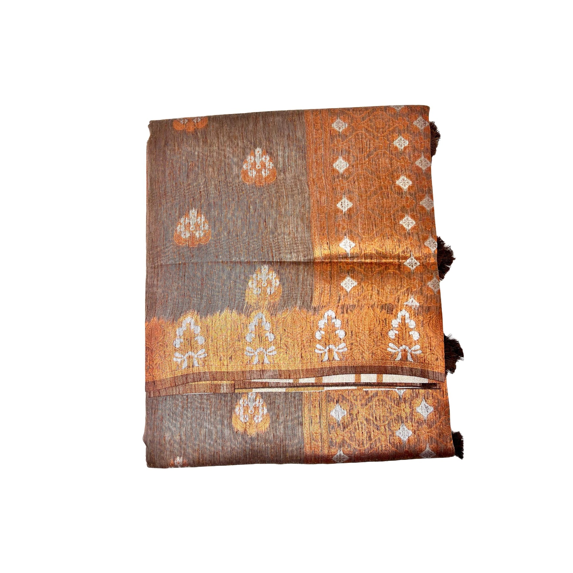 PaleBrownMultiPureLinenCopperZariWeavingPartyWearSaree_Close