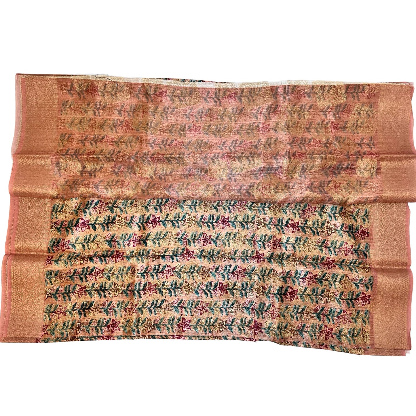 Peach Color Floral Printed Tussar Silk Saree And Zari Woven Design