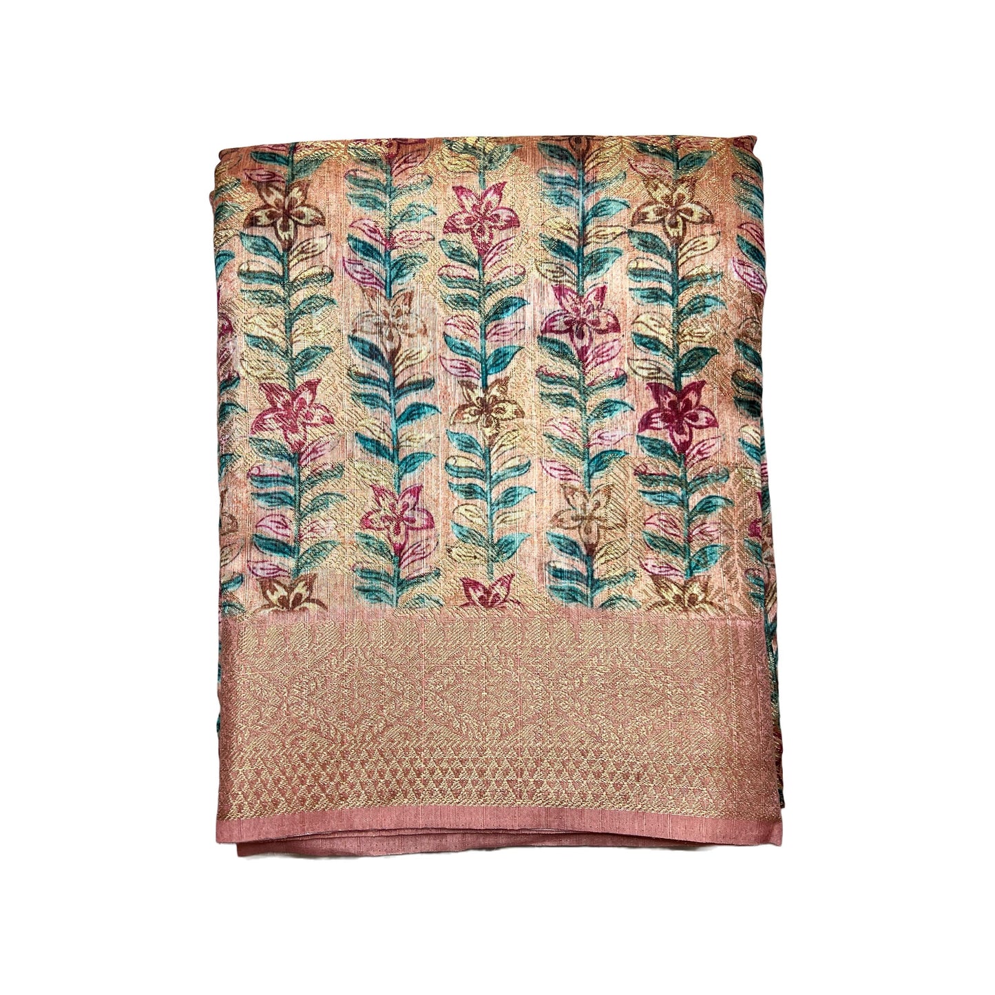 Peach Color Floral Printed Tussar Silk Saree And Zari Woven Design