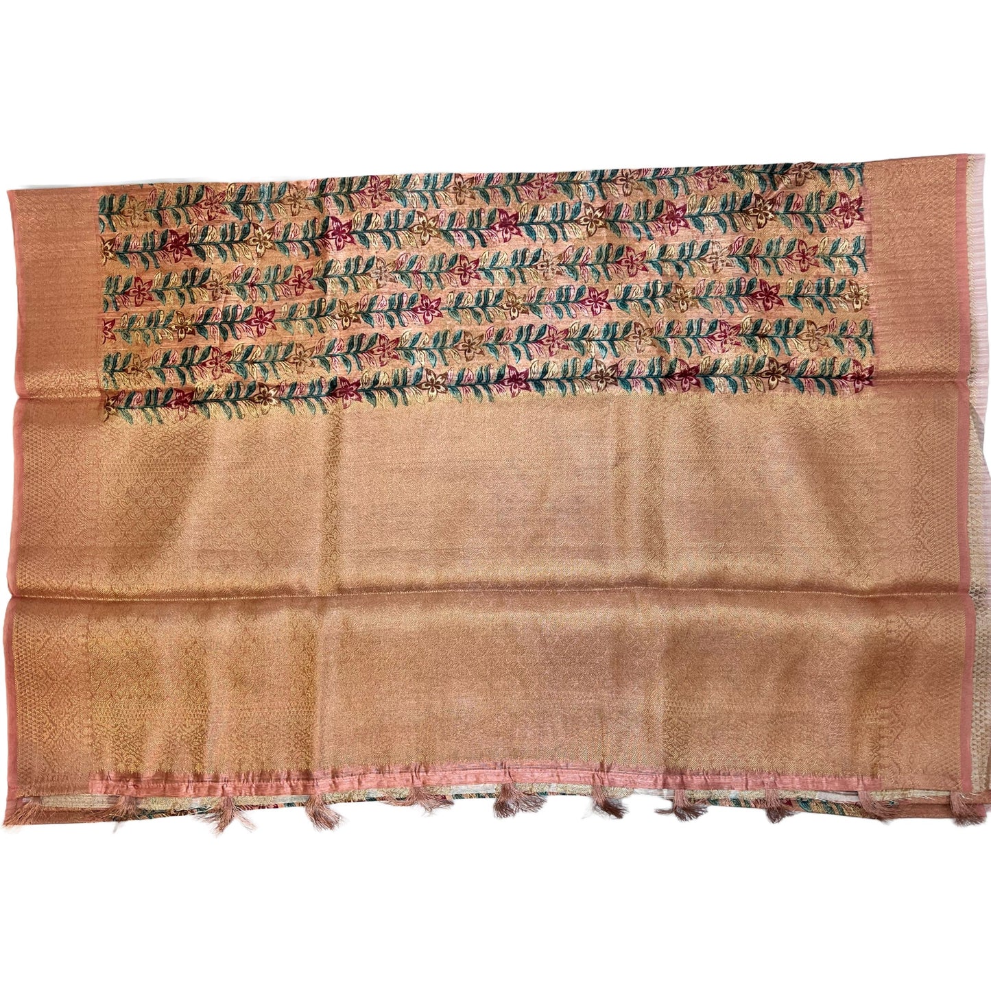 Peach Color Floral Printed Tussar Silk Saree And Zari Woven Design