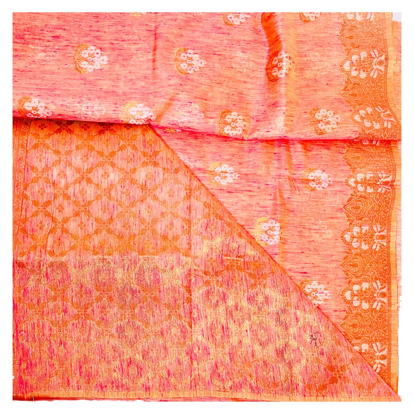 Peachy Pink Multi Pure Linen Copper Zari Weaving Party Wear Saree