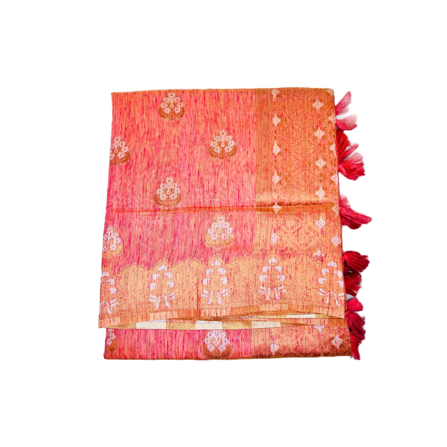 Peachy Pink Multi Pure Linen Copper Zari Weaving Party Wear Saree