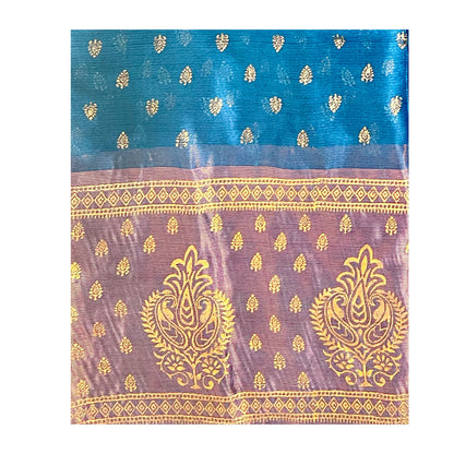 Peacock Blue Color New foil work fancy fabric saree
