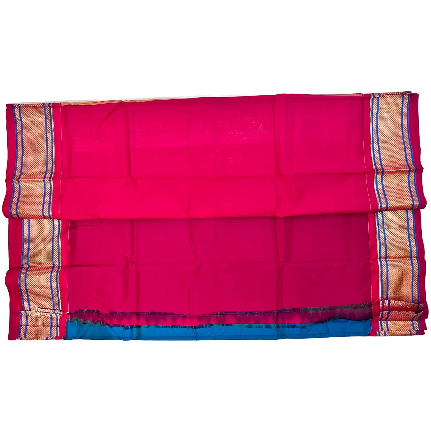 Peacock Blue and Dark Pink Kadiyal Semi Silk Paithani Saree