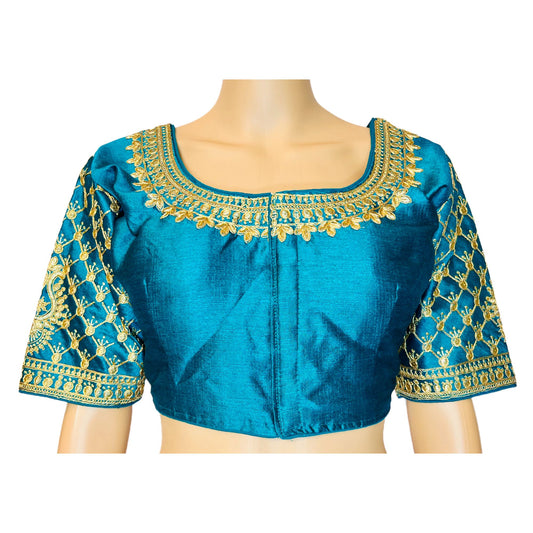 Peacock Green Color Trendy Women's Jacquard Embroidered Readymade Blouse, Designer Blouse, Crop Top, Tunic Top, Fancy Blouse, Bridal Blouse, Party Wear Blouse, Padded Blouse, Choli Blouse, Wedding Blouse