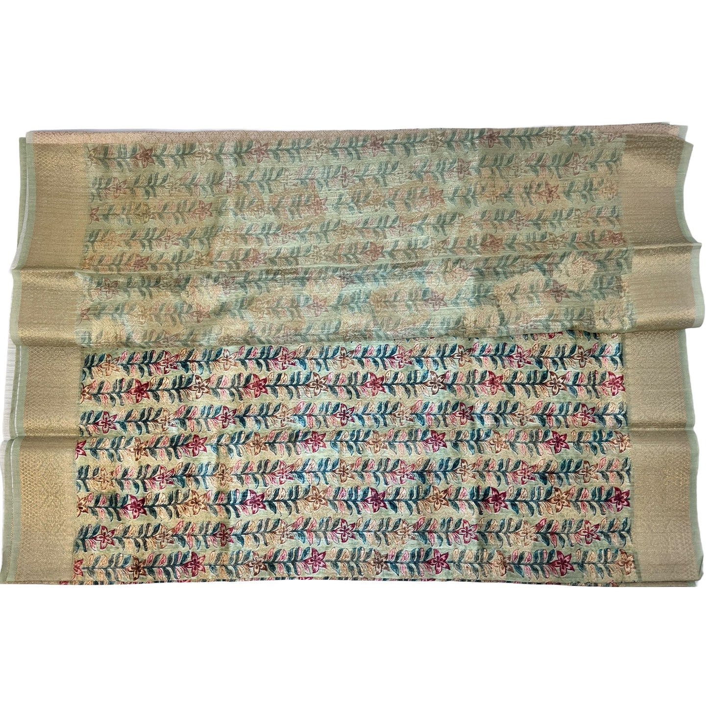 Pistachio Green Color Floral Printed Tussar Silk Saree And Zari Woven Design
