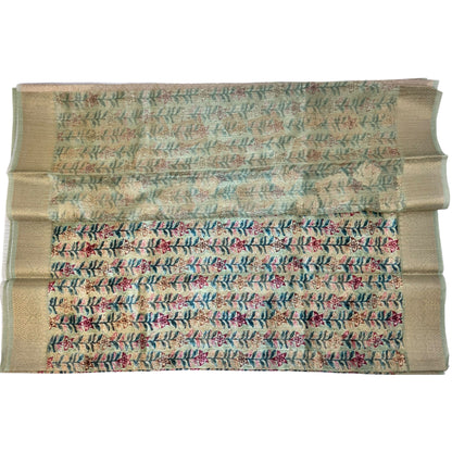 Pistachio Green Color Floral Printed Tussar Silk Saree And Zari Woven Design