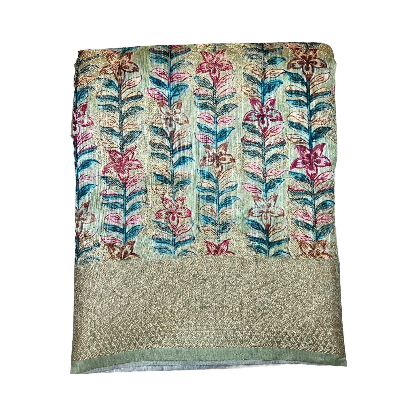 Pistachio Green Color Floral Printed Tussar Silk Saree And Zari Woven Design