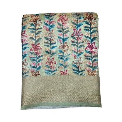 Pistachio Green Color Floral Printed Tussar Silk Saree And Zari Woven Design