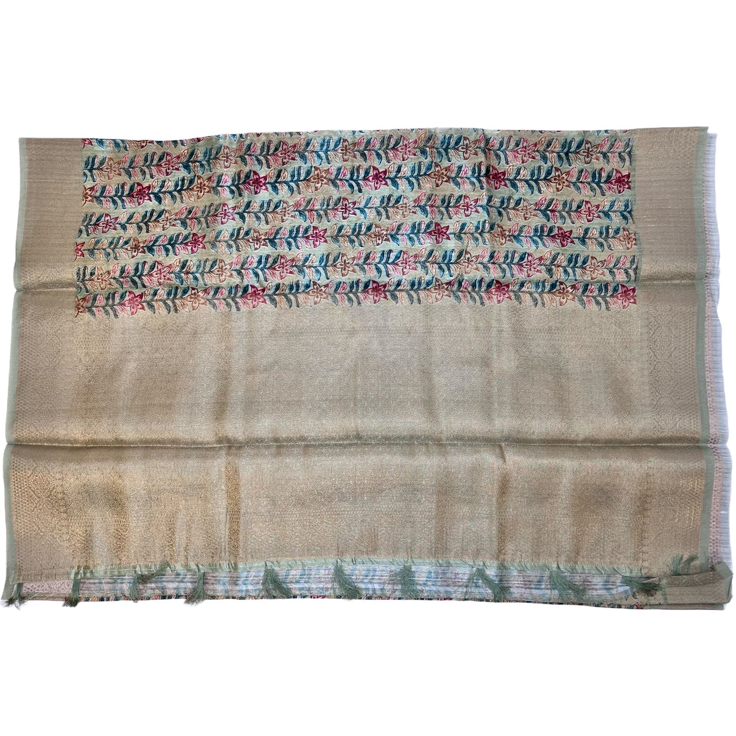 Pistachio Green Color Floral Printed Tussar Silk Saree And Zari Woven Design