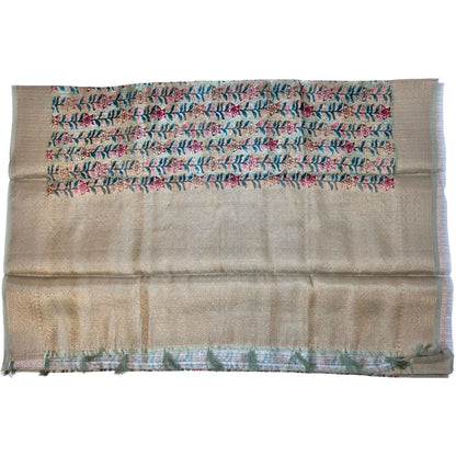 Pistachio Green Color Floral Printed Tussar Silk Saree And Zari Woven Design