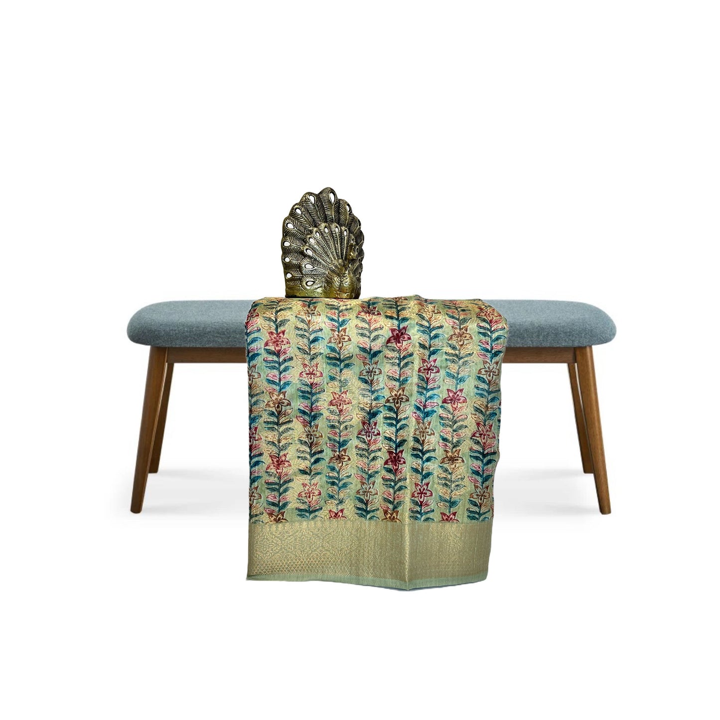 Pistachio Green Color Floral Printed Tussar Silk Saree And Zari Woven Design