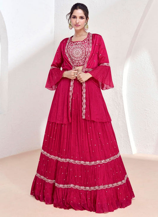 Elegant Red Crop Top Lehenga Set with Embroidered Jacket – Women's Traditional Indian Ethnic Wear